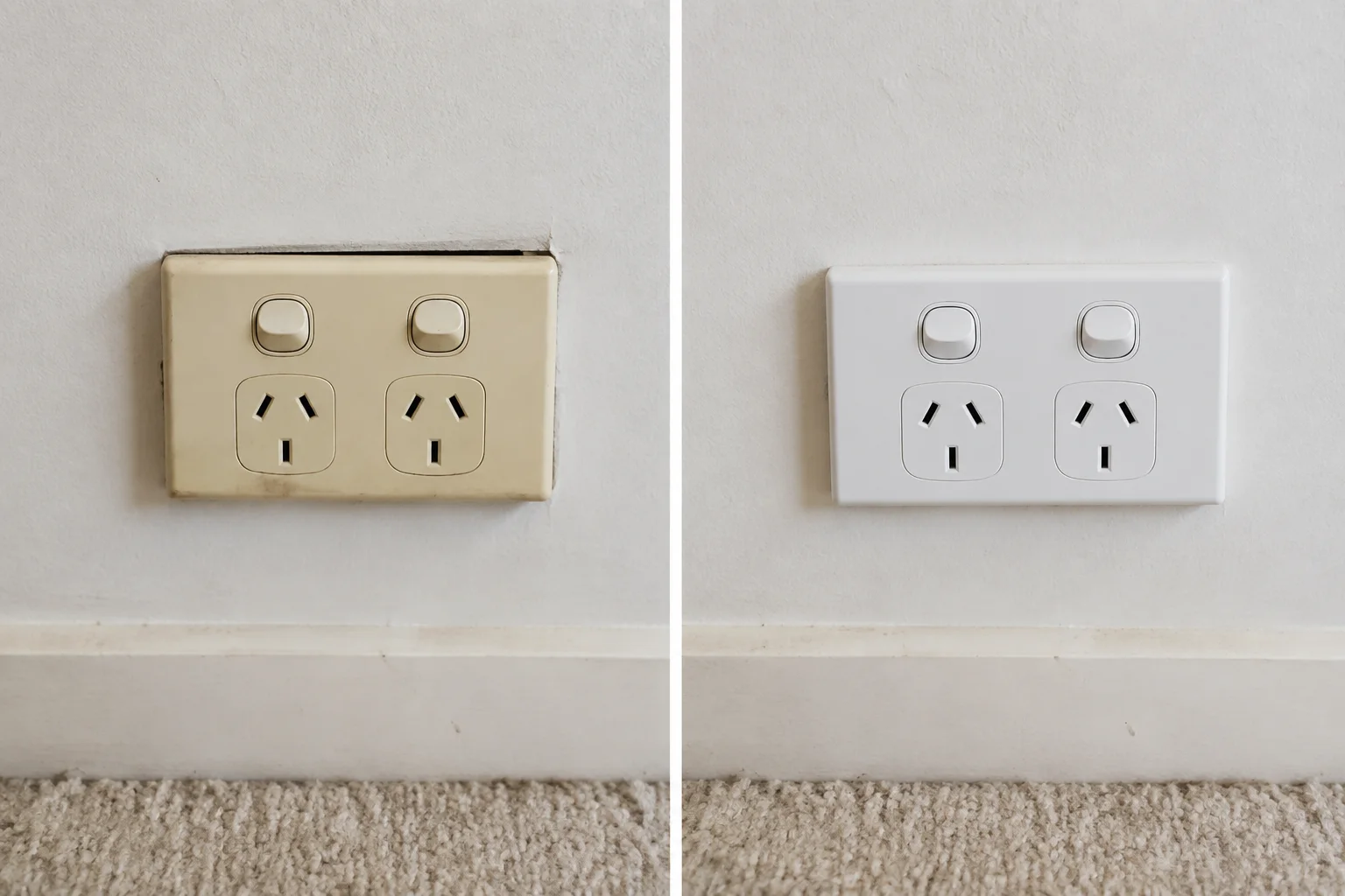 Older Australian double power point beside a clean replacement-style outlet