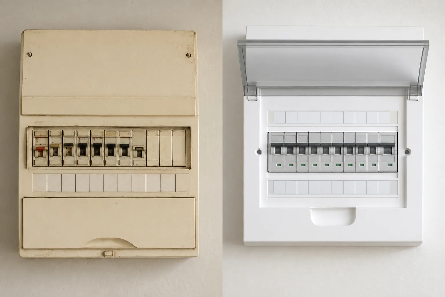 Older residential switchboard beside a modern enclosed switchboard