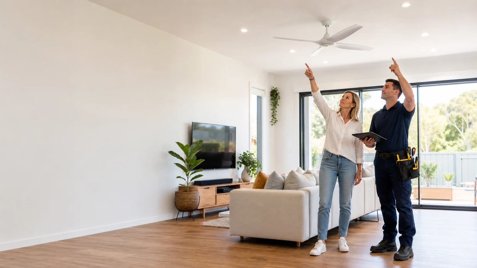 Illustrated homeowner and electrician planning a bright residential lighting upgrade