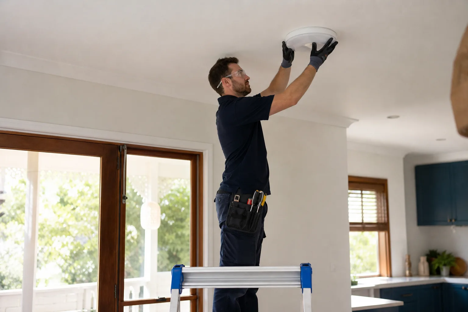 Simulated electrician installing a residential ceiling light