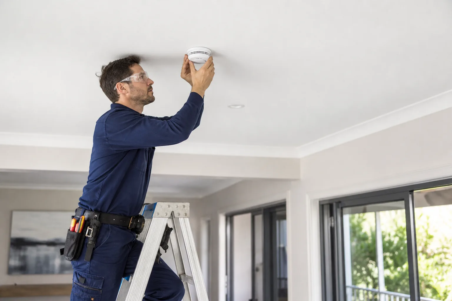 Simulated electrician installing an interconnected smoke alarm